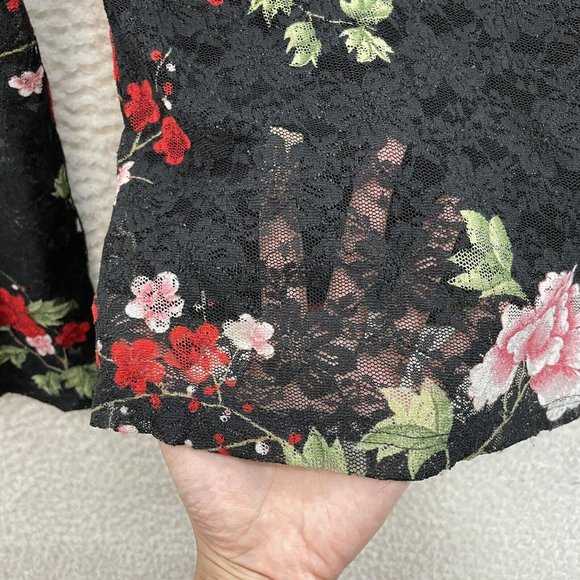 90s Y2K Vintage Fashion Bug Black Rose Floral Sheer Lace Top M L Medium Large - Picture 5 of 9